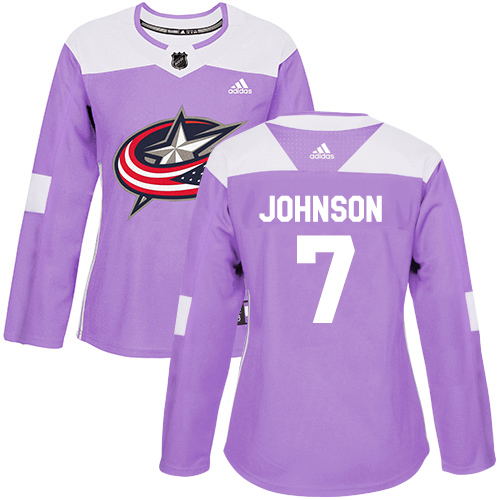 Adidas Blue Jackets #7 Jack Johnson Purple Authentic Fights Cancer Women's Stitched NHL Jersey